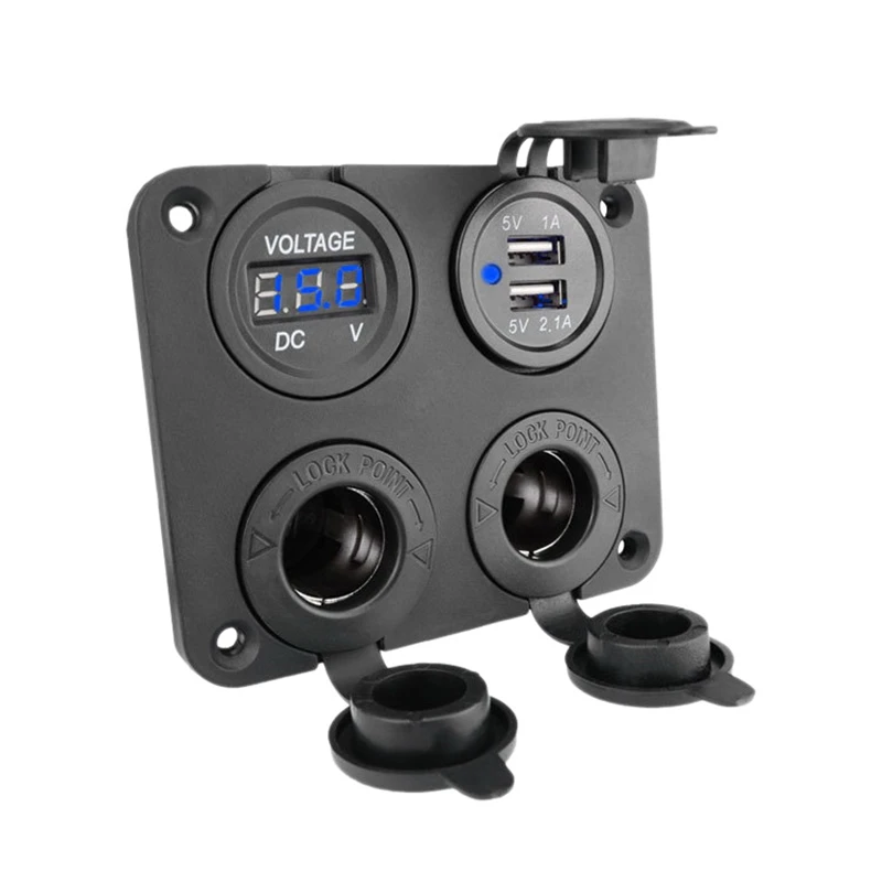 12-24V Dual USB Outlet Volt Power Outlet 4 In 1 With LED Voltage Display Lighter Socket Switch Panel For Car Boat