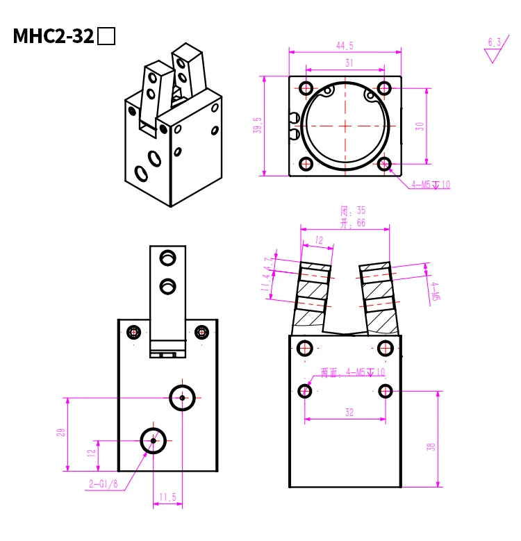 MHC2 Serie Pneumatischer Fingerzylinder mit Drehpunkt, Öffnungs- und Schließfunktion, Luftgreifer, doppelt- und einfachwirkend, Winkel-Luftklauenroboter, pneumatisch – Detail 11