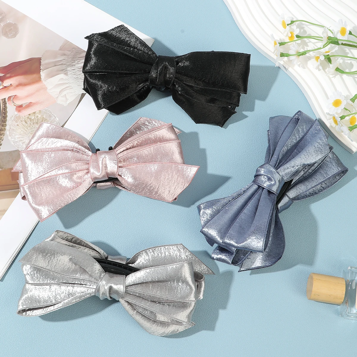 AWAYTR ربطة القوس فيونكة من الساتان مشبك الموز أمشاط الشعر النسيج النساء دبابيس الشعر العرائس الزفاف إكسسوارات الشعر الأنيقة أغطية الرأس