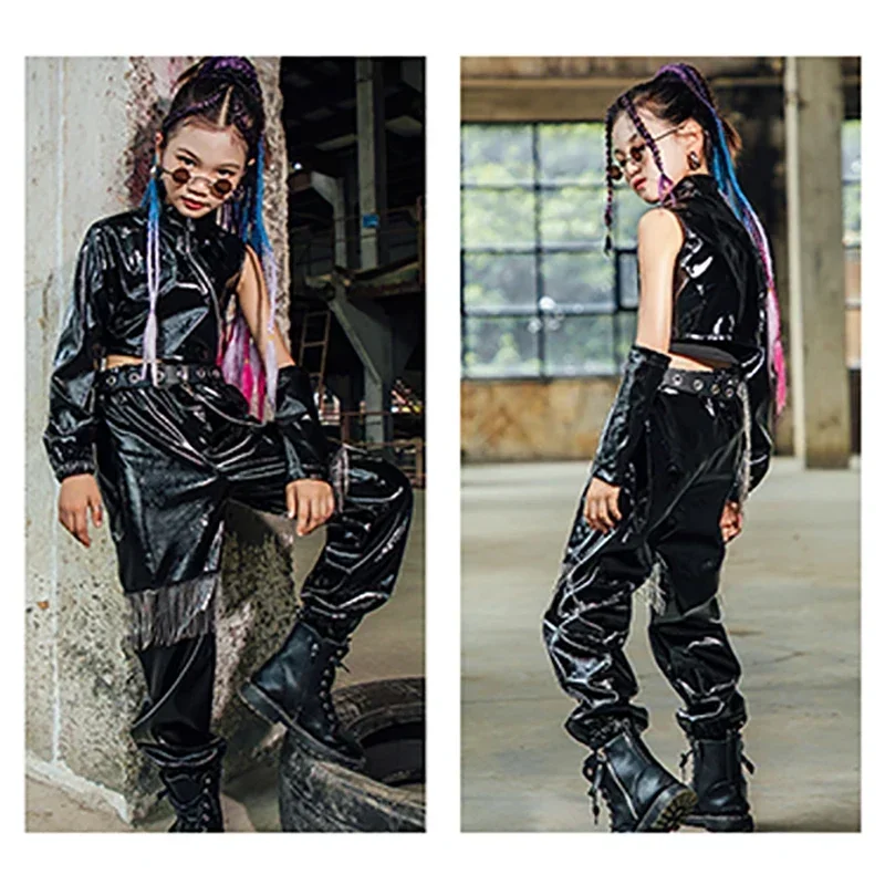 

Fashion PU Leather Tassel Outfit Girls Catwalk Show Stage Costume Children Jazz Hip Hop Dancing Performance Clothes YS2392
