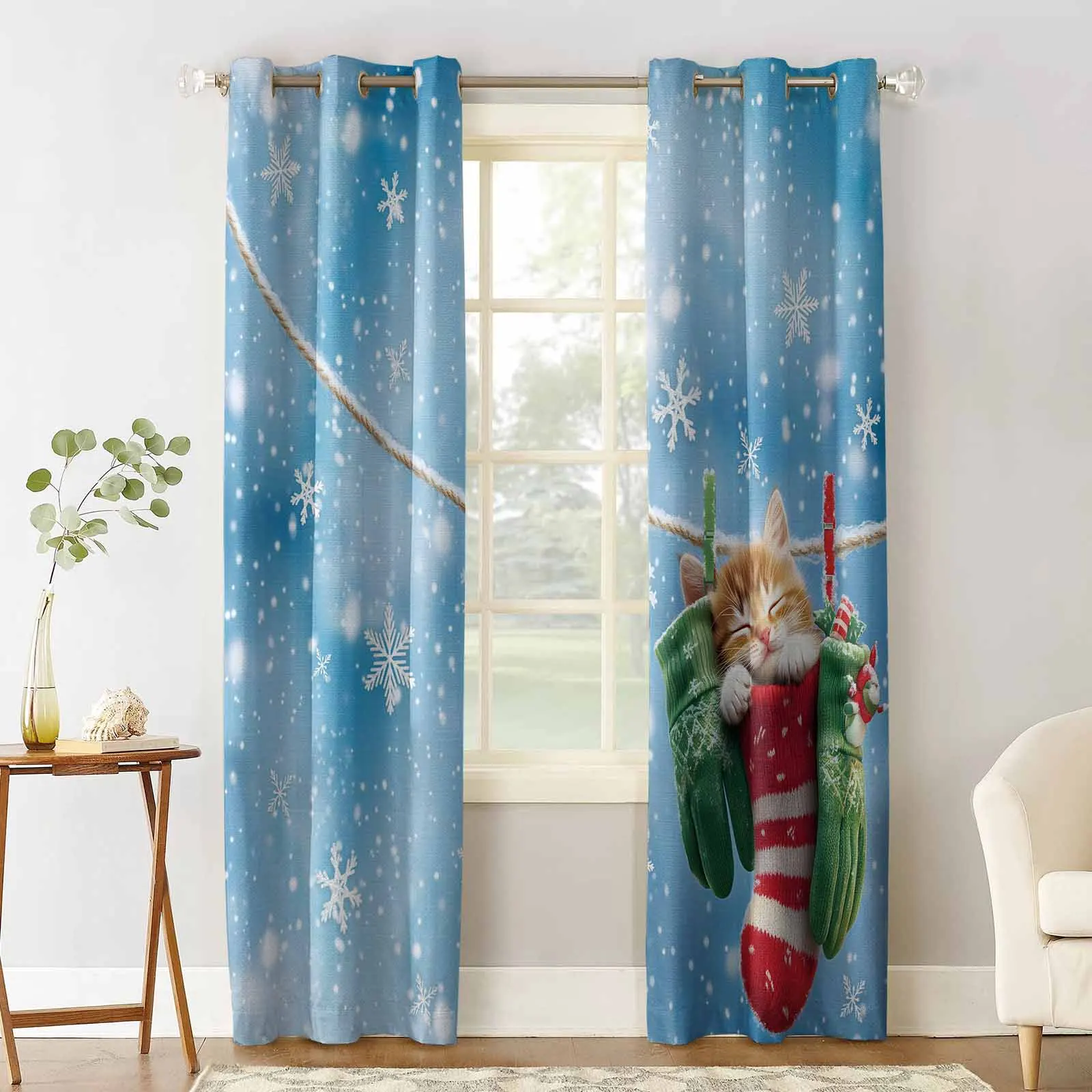 Cartoon Star Cat Christmas Socks Snowflake Living Room Bedroom Window Treatment Blinds Drapes Modern Kitchen Curtains