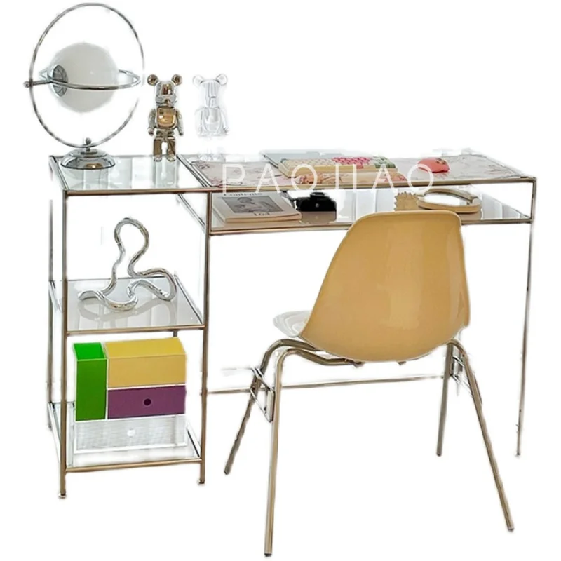 Stainless Steel Transparent Glass Desk Makeup Table Desk Simple Style Desk Chinese Ancient Book Furniture Computer Desk