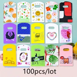 100pcs/lot Multi Designs Small Plastic Bag Boutique Gift Bag With Handle Candy Earrings Jewelry Packaging Bags