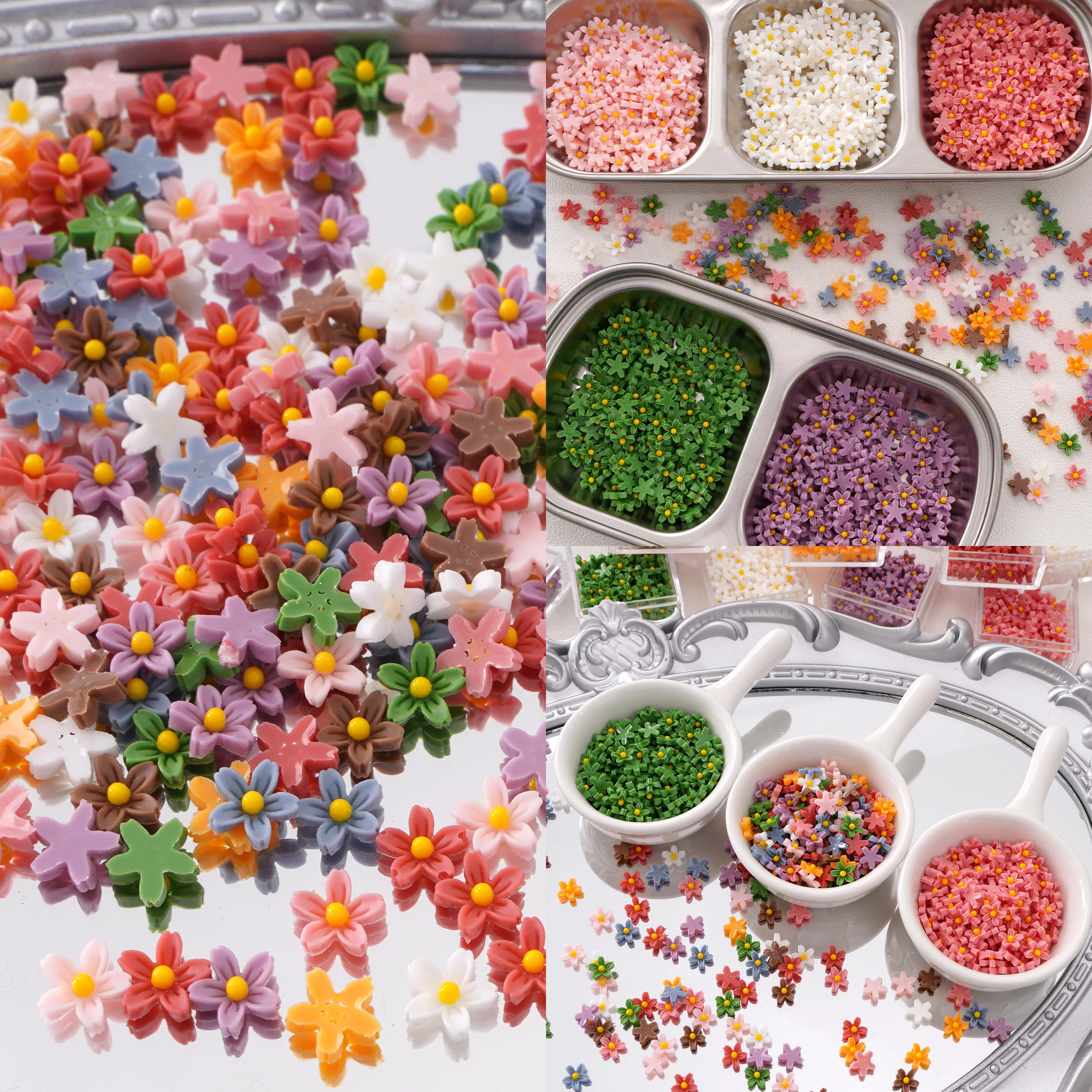 

50Pcs/lot 7mm Small Resin Flower Patches For Clothes Hats Bags DIY Handmade Craft Home Decoration Sewing Garment Accessories