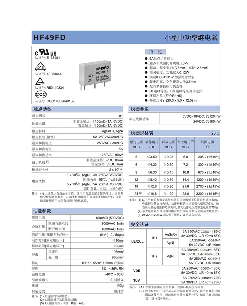 5PCS New miniature power relay HF49FD-005-1H11 HF49FD-012-1H11 HF49FD-024-1H11 5V 12V 24V 5A 4Pin one group usually open