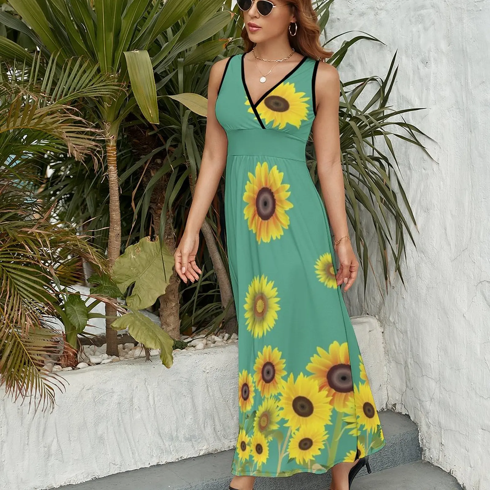 Vestido largo sin mangas con estampado de girasol para mujer, traje elegante de noche, 2024