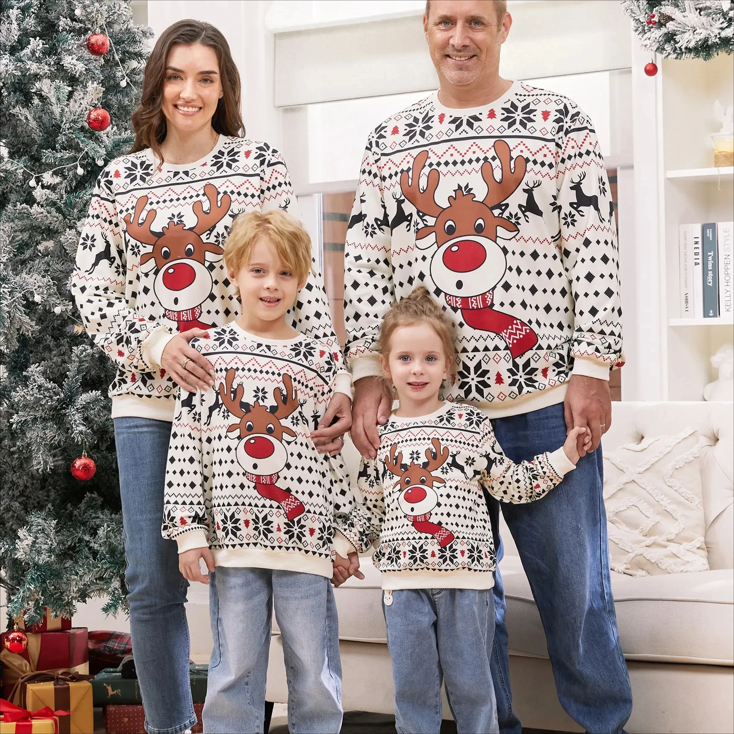 Sweat-shirt à col ras du cou pour garçons et filles, grand imprimé graphique de renne et de père noël, tenues de famille assorties, coupe décontractée, automne et hiver