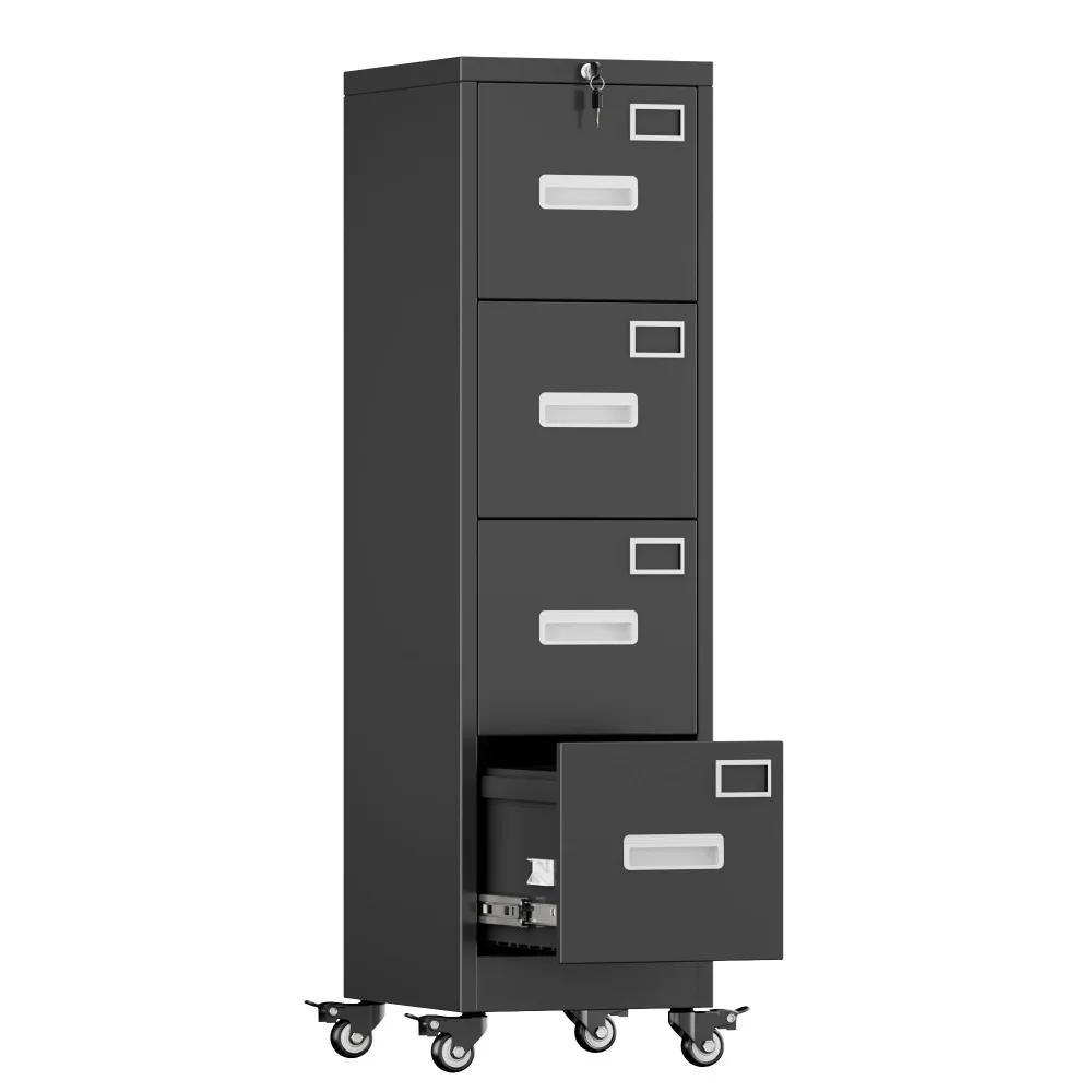 4 Drawer Metal File Cabinet with Lock and Wheels, Black | Lockable narrow vertical filing cabinet with anti-tilt