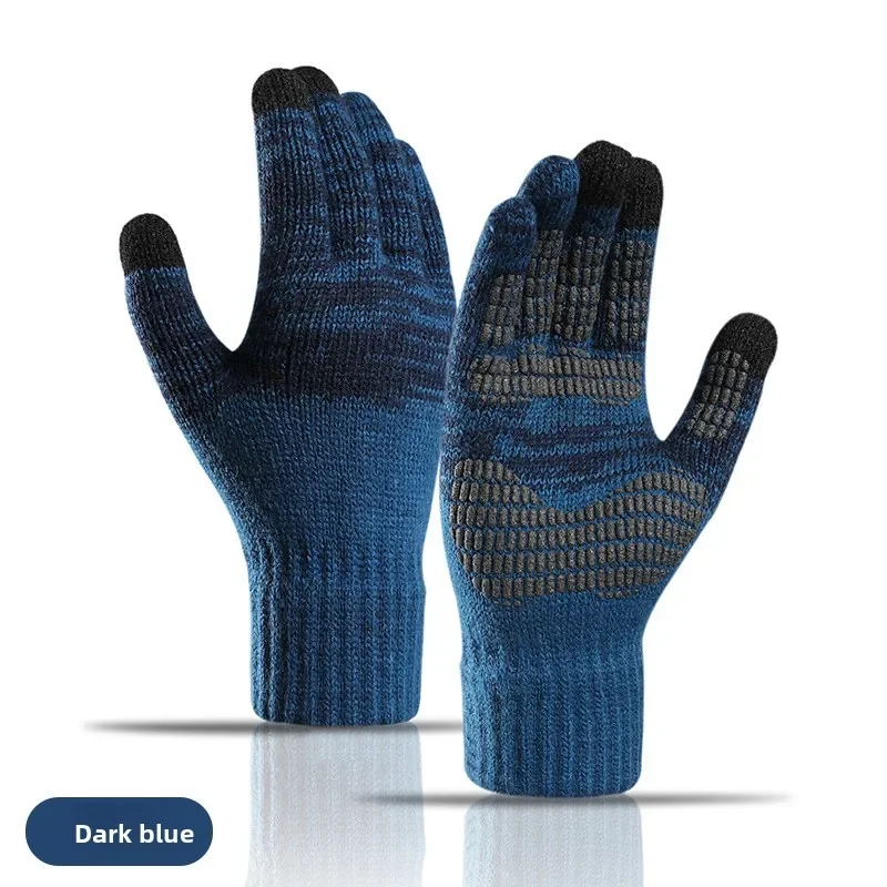 Men Knit Gloves Fleece Lining Color Block Print Touchscreen Warm Windproof Thick Cycling Winter Gloves for Outdoor Sports