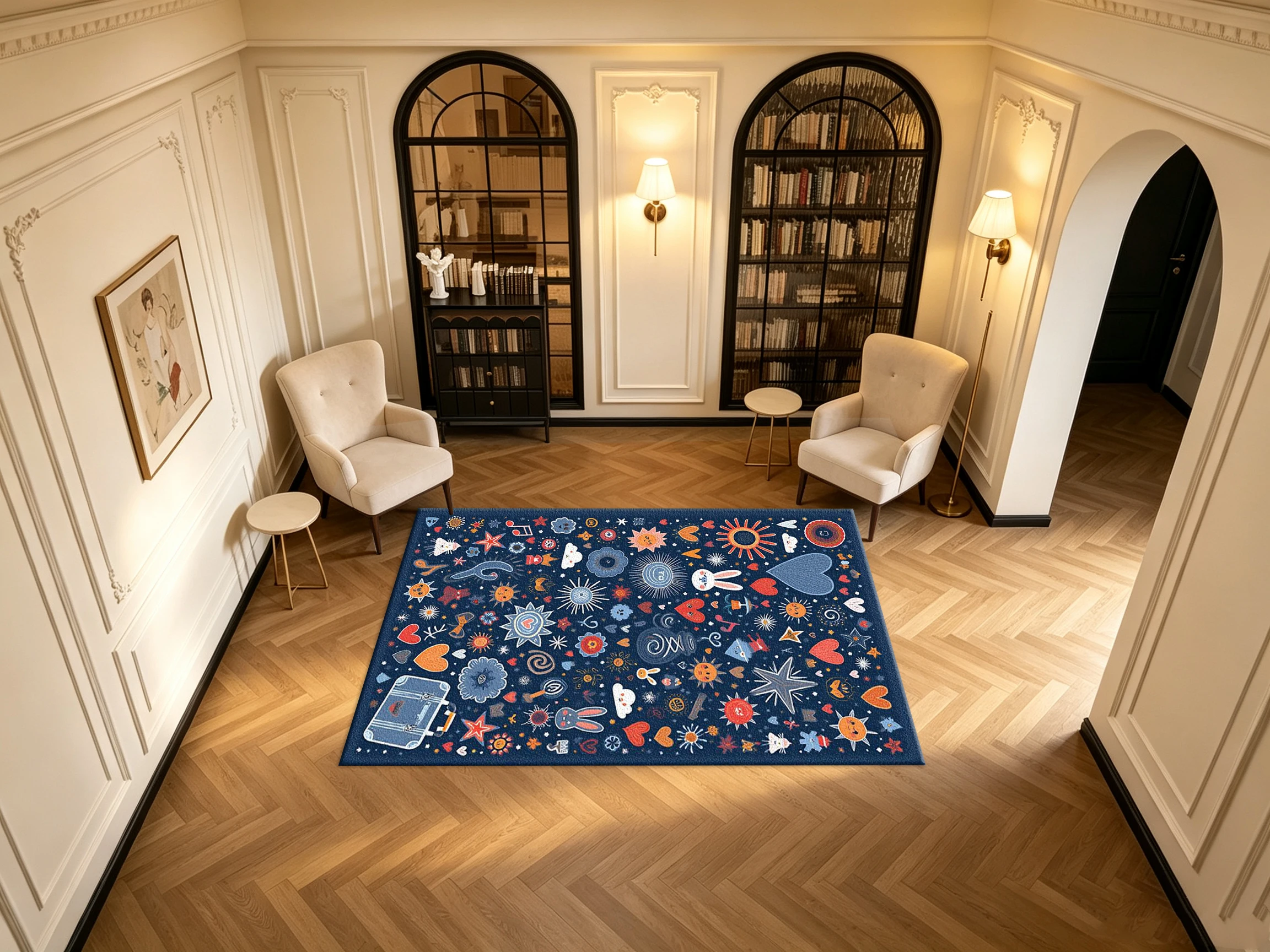 Dark Blue Doodle Sun Heart Rabbit Star Carpet Flooring Whimsical Folk Style Multi-Element Printed Square Floor Rug for Home Art Decor