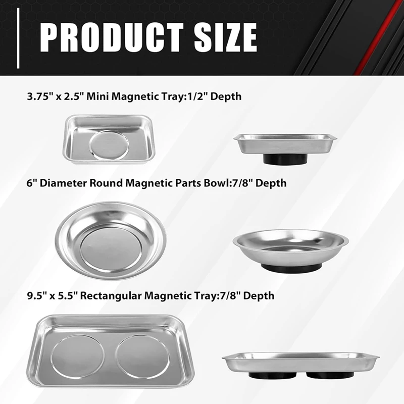 3-Piece Magnetic Tray Holder, Magnetic Parts Tray Set, Thickened Tray,Stainless Steel, Tool Trays For Screw, Bolts, Nuts