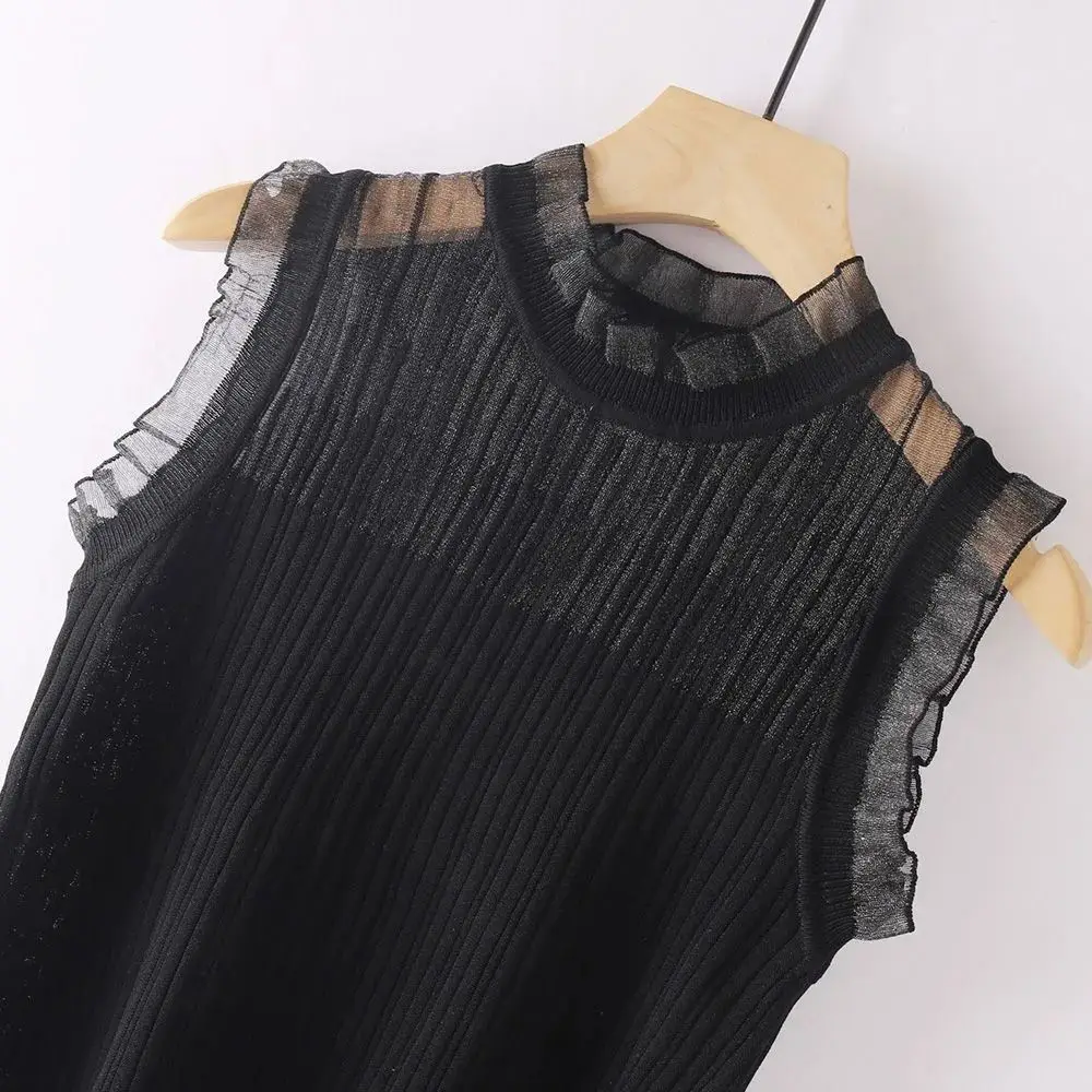 Knitted Vest for Women Hollowed Out Mesh Summer Lace Wooden Ear Edge Ice Silk Sleeveless Top Korean Fashion Clothing