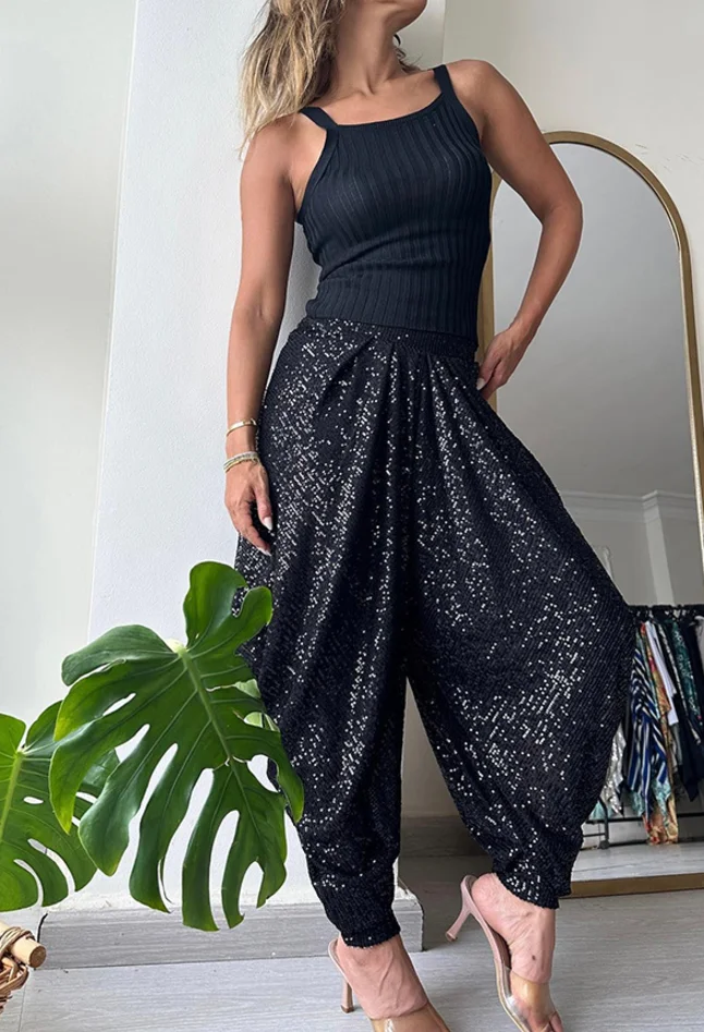 موضة جديدة عادية مطاطا الخصر الترتر بلون سليم صالح فانوس السراويل للنساء، 4 ألوان #6