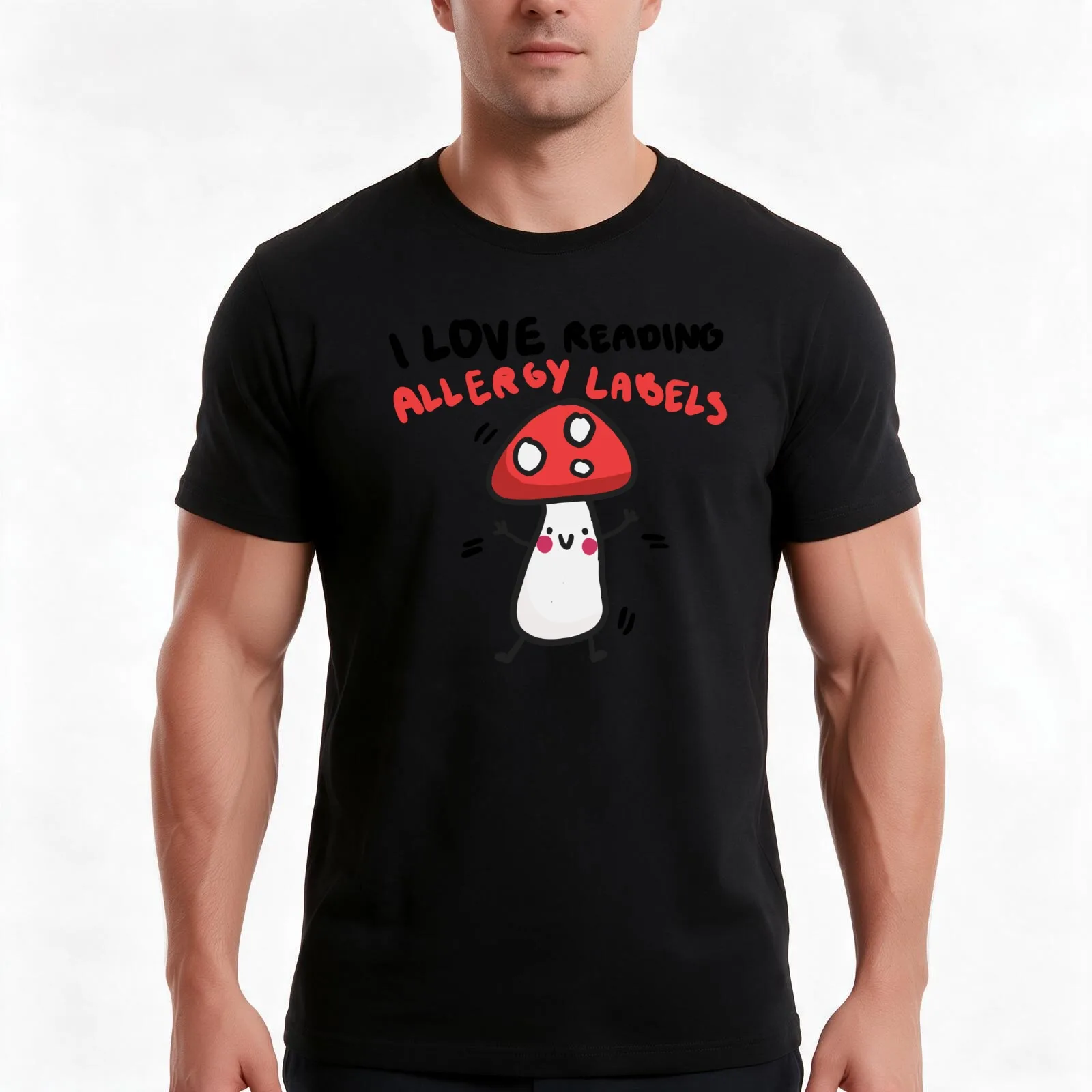 Allergy Labels T-Shirt, Summer Casual Cotton Tee, Oversized Streetwear Tops, Vintage Graphic Print, Loose Fit Short Sleeve