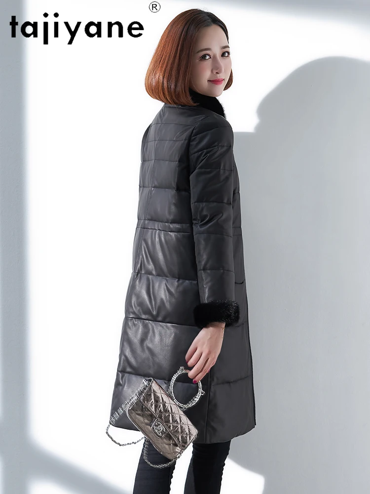 TAJIYANE Piumino in pelle di pecora naturale al 100% Donna Piumino nero in vera pelle con collo in pelliccia di visone 2025 Abiti invernali