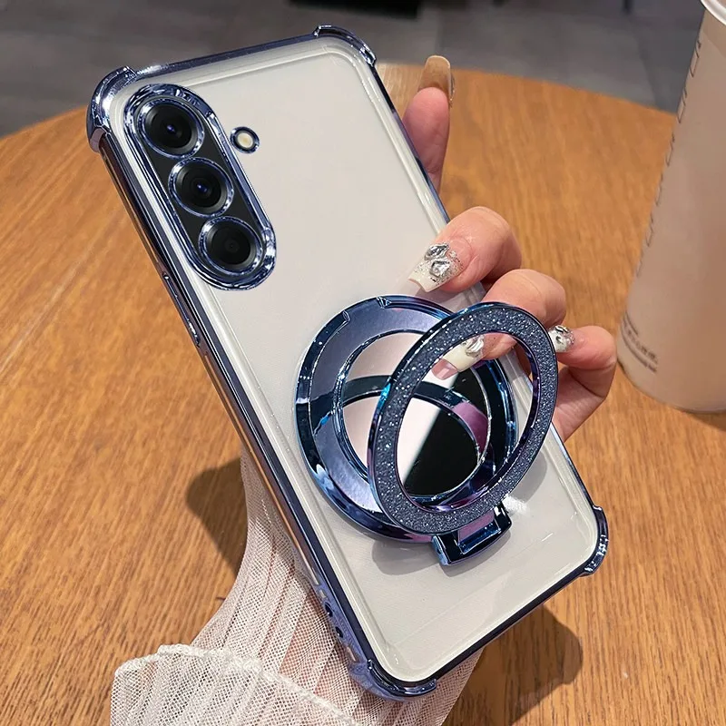 A 57 37 Luxury Plating Glitter Mirrow Holder Soft Case for Samsung A57 A37 Airbags Four Corners Shockproof Silicone Stand Cover
