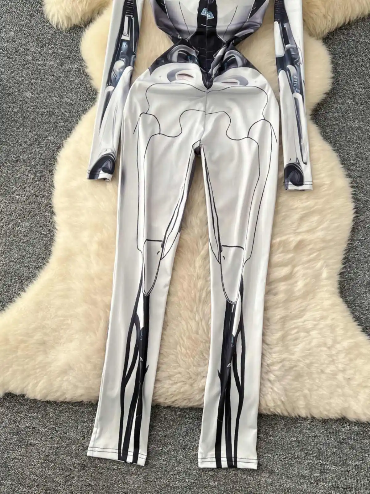 Women's Grey Print Jumpsuits Vintage Long Sleeve Skinny Playsuits Pants Harajuku Sexy Rompers 2000s Emo Coquette Fashion Clothes