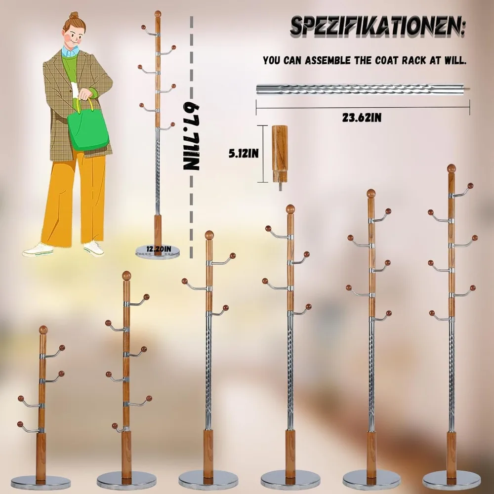 رف معطف شجرة قائم بذاته بارتفاع قابل للتعديل مع قاعدة مستديرة ثابتة لحلول تخزين المنزل وغرفة النوم