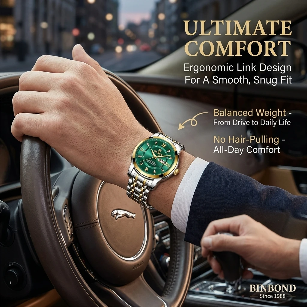 1pc Green Dial Roman Numeral Dual Calendar Watch with Two-Tone Steel Strap, Stylish and Simple, Daily Versatile
