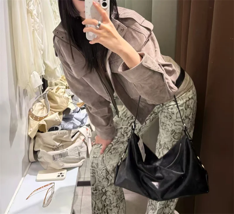 Guobioziy Women's Jacket 2026 Fall/Winter New Gray Long-Sleeve Pocket-Decorated Short Jacket Parka Motorcycle Fashion