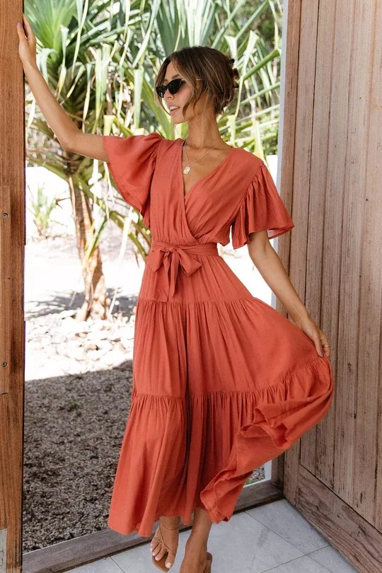 

Trendy Solid Color Ruffles Long Dresses Women Sexy V-neck Ruffle Sleeves Leace-up Temperament Elegant Lady Dress 2024 Summer New