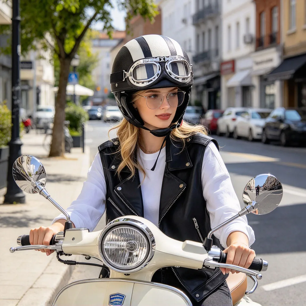 1pc 54-60cm Leather Retro Motorcycle Half Helmet, Suitable For Motorcycle, Electric Vehicle, Unisex With Transparent Goggles