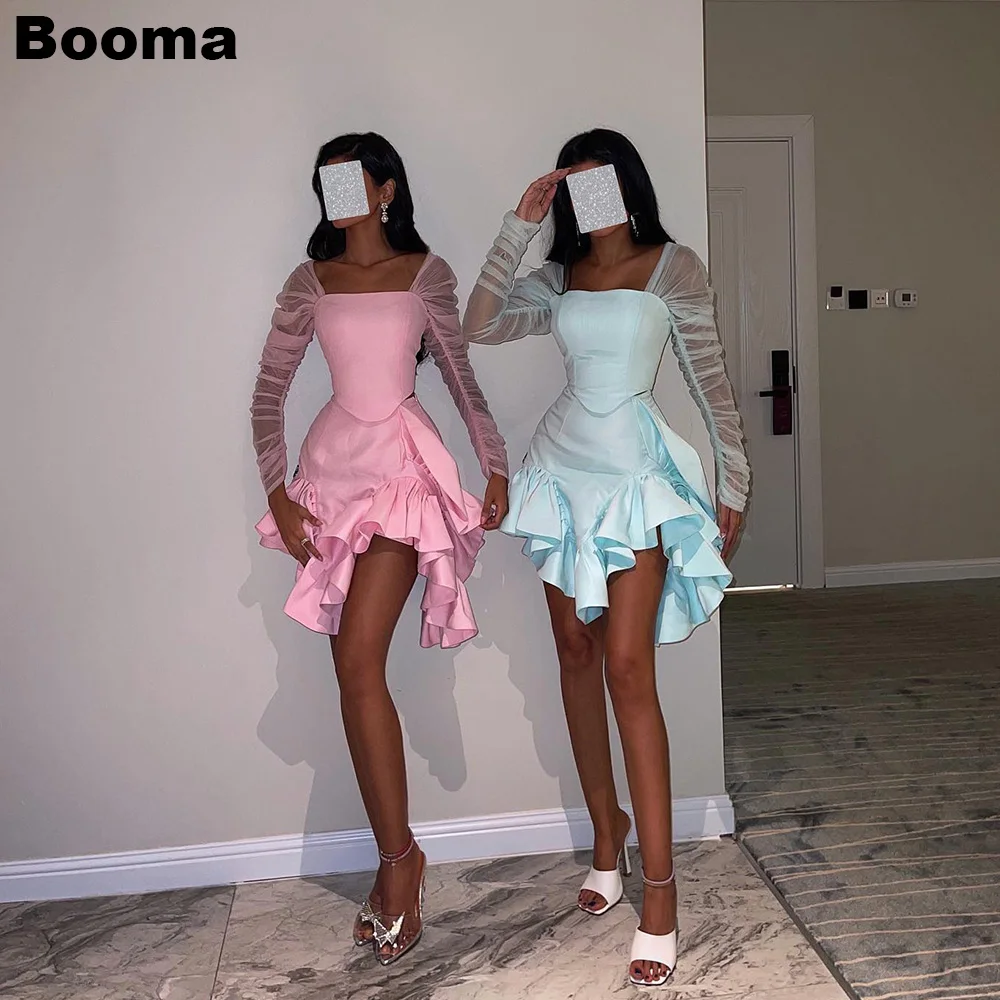 

Booma A Line Mini Prom Dresses Square Collar Ruffles Long Sleeves Party Cocktail Dresses Saudi Arabia Special Occasion Gowns