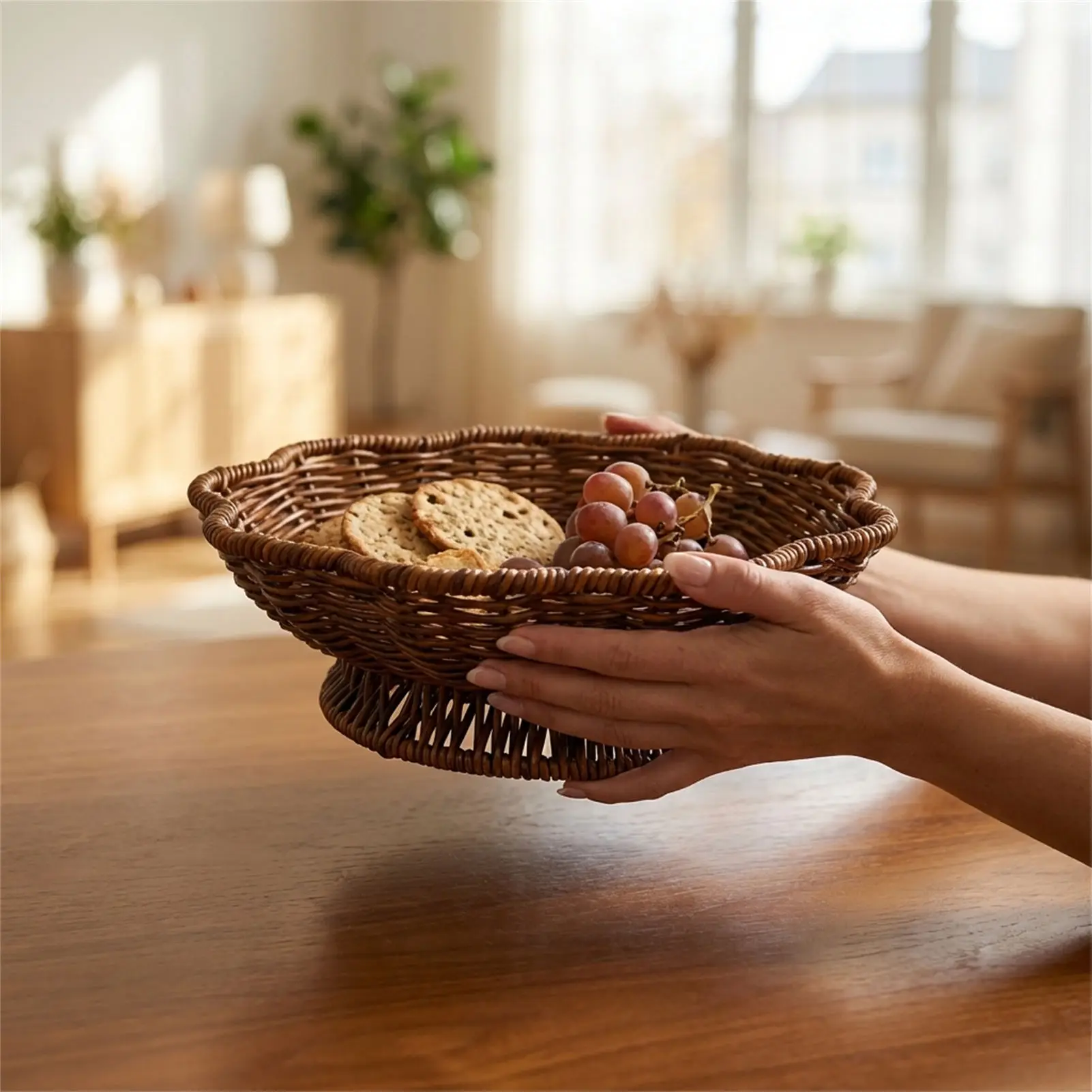 

Round Petal Woven Fruit Basket for Home-Living Room Snack and Fruit Storage Tray