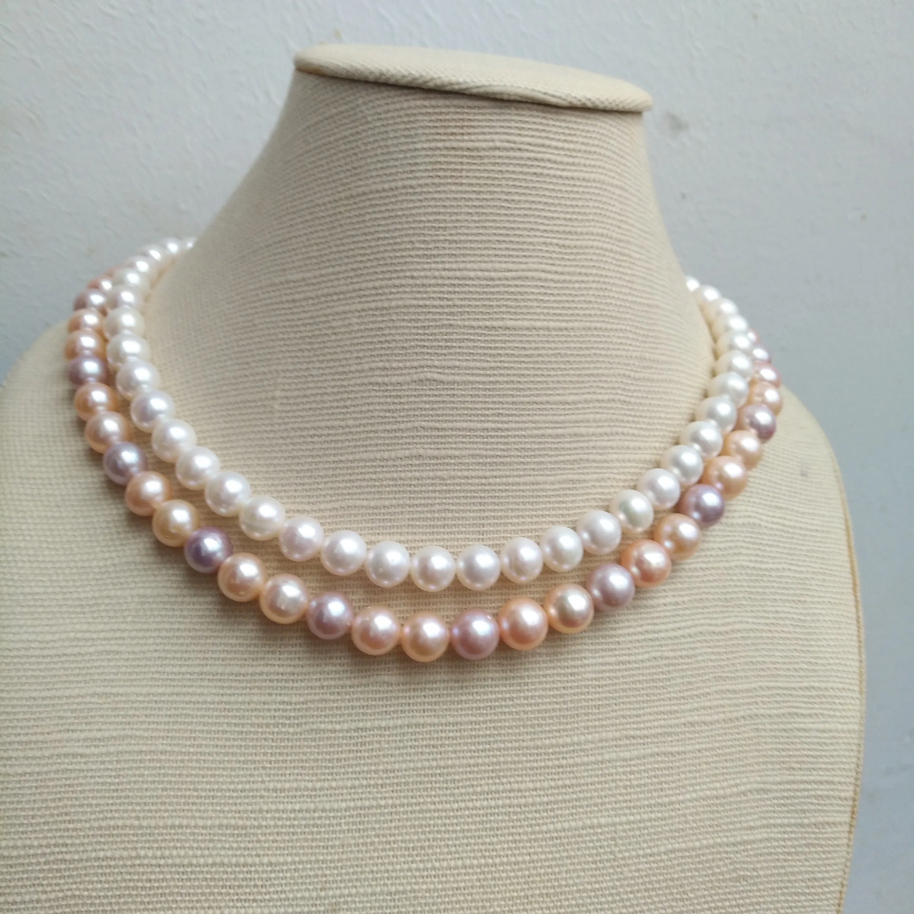 2ROW  8-9mm Round South Sea WHITE Pink PARPLE Pearl Necklace 17-18