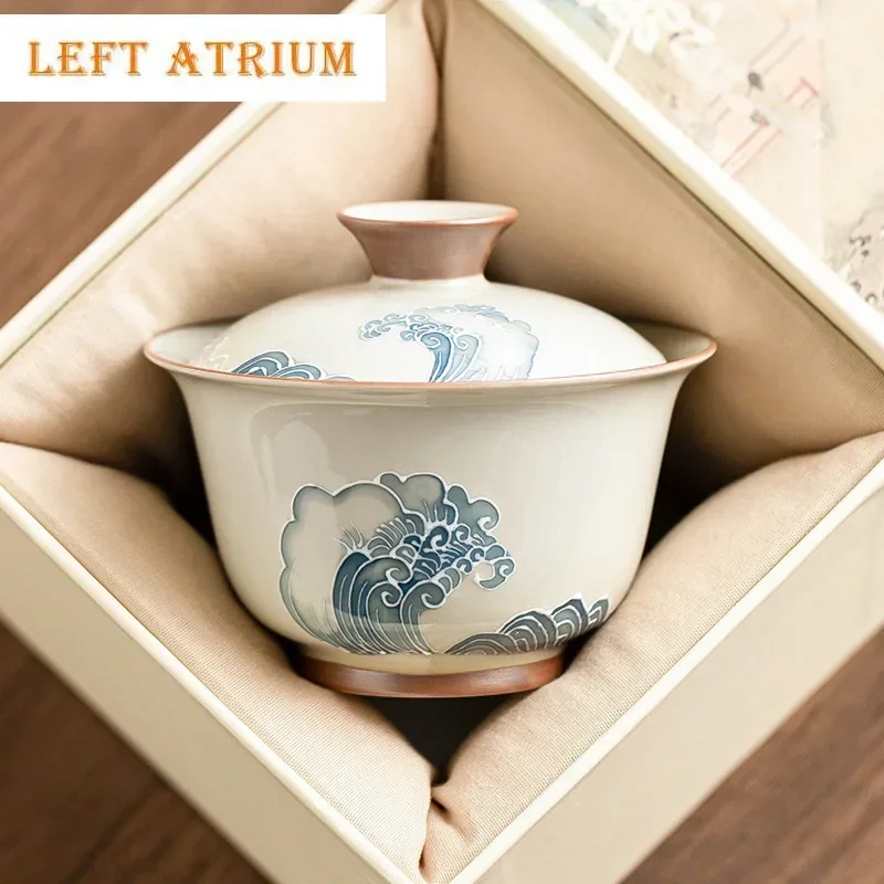 

Pile Carved Wave Gaiwan Hand-painted Ceramic Tea Tureen Chinese Kung Fu Tea Brewing Bowl Teaware Master Cup Teacups Gift Box