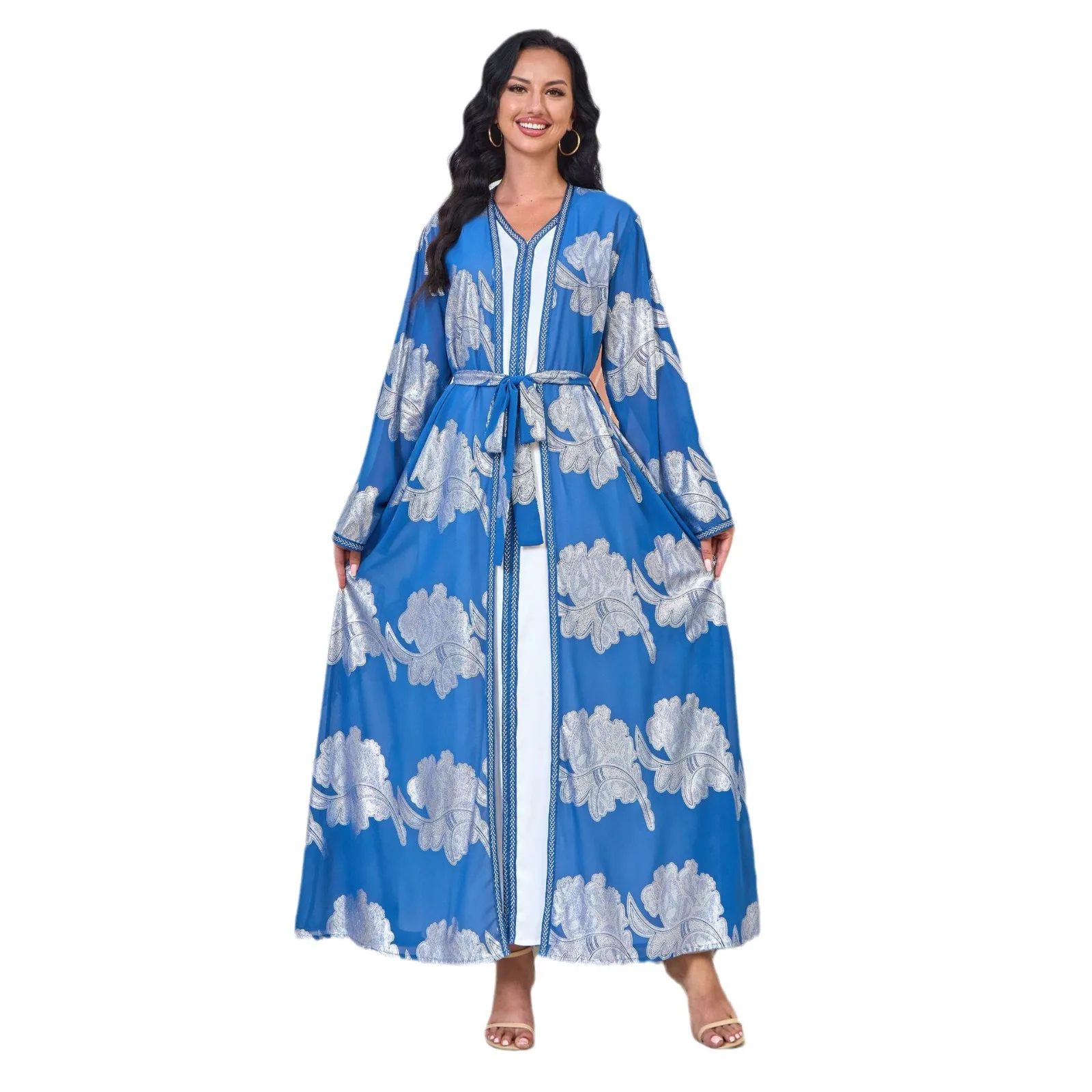 Roupas árabes abaya com decote em v manga comprida vestido bronzeador de duas peças 2025 outono e inverno nova moda roupas femininas