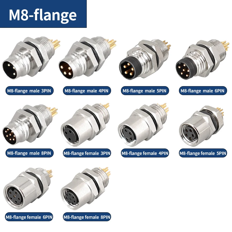 5 PCS M8 Sensor Connector Flange 3/4/5/6/8 Pin Male&Female Waterproof  Aviation Plug&Socket  Proximity Switch Seat