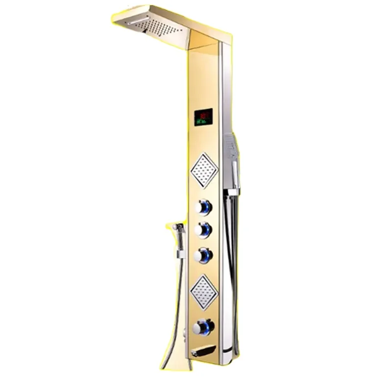 

LED Digital Temperature Display Thermostatic Waterfall Head Bathroom 304 Stainless Steel Massage Gold Shower Column Panel