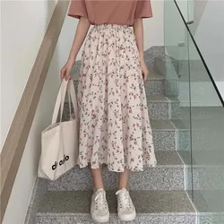 Vintage Floral Print A-line Pleated Long Skirts Summer Women Korean Skirt Streetwear Drawstring Elastic Waist Midi Skirt