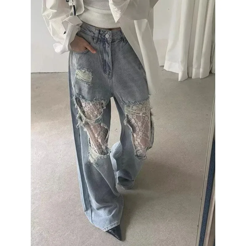 

New women's American style high-waisted lace spliced denim trousers, loose wide-leg trousers