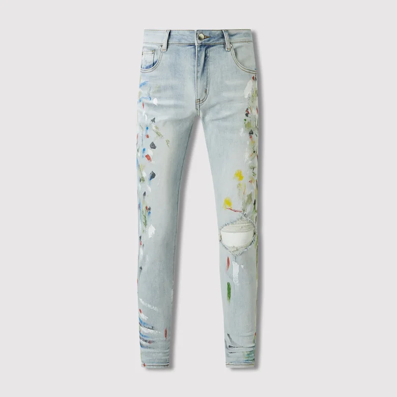 American style high street vintage washed water spliced letters Light Blue Graffiti amir jeans ripped patch jeans trendy pants