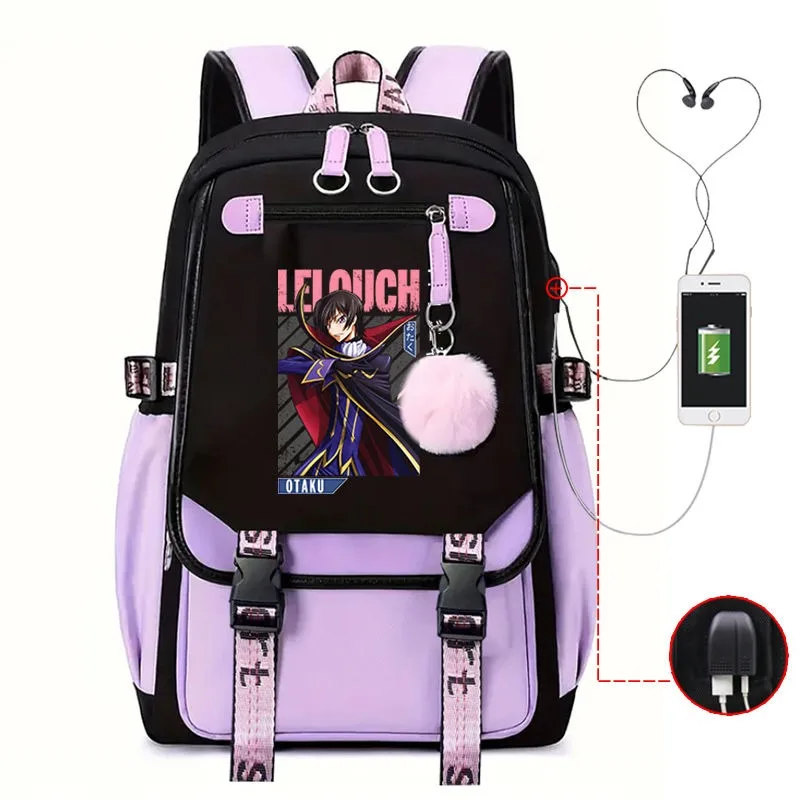 Breathable mesh, USB, Code Geass Lelouch of the Rebellion, Hangyaku no Lelouch, School Bags, Anime Backpacks Girls Boys