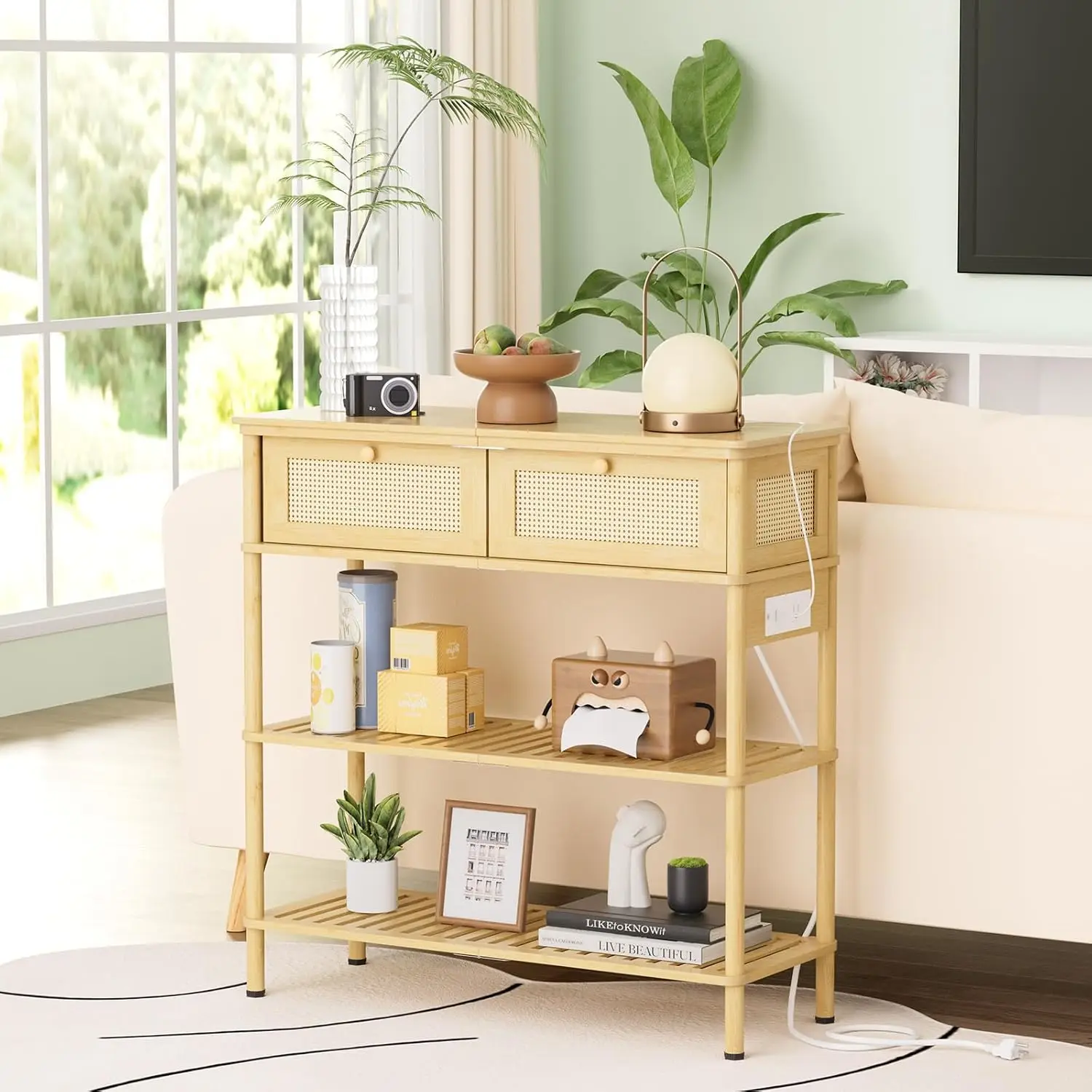 Bamboo Console Table with USB Outlets and Drawers for Living Room Entryway Storage