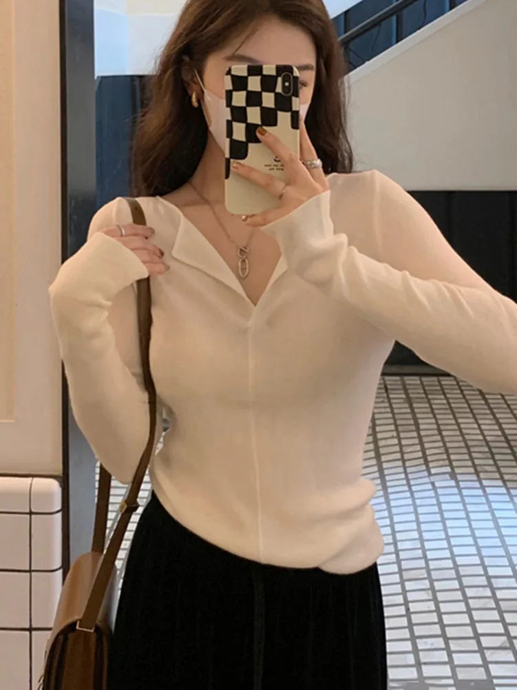 2024 Fall Winter New Women Sweater Knitwear V-neck Basic Base Shirt Top Pure Color All-match Knitwear Autumn Winter B-014