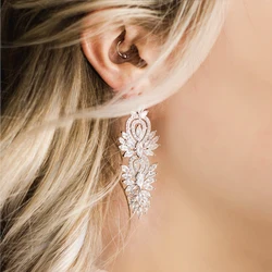 Uilz Luxury Bridal Long Drop Earrings For Women Vintage Cubic Zirconia Leaf Dangle Earring Wedding Party Jewelry EP2181