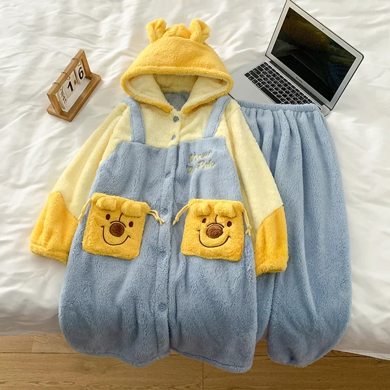 Cartoon Winnie the Pooh pajamas winter cotton plush hooded set new Disney 2 piece sets womens outfits loungewear trousers set