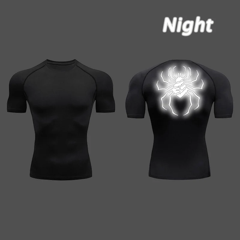 Spider Print Reflective Compression Shirts for Men Gym Workout Fitness Undershirts Quick Dry Athletic T-Shirt Tops Sportswear