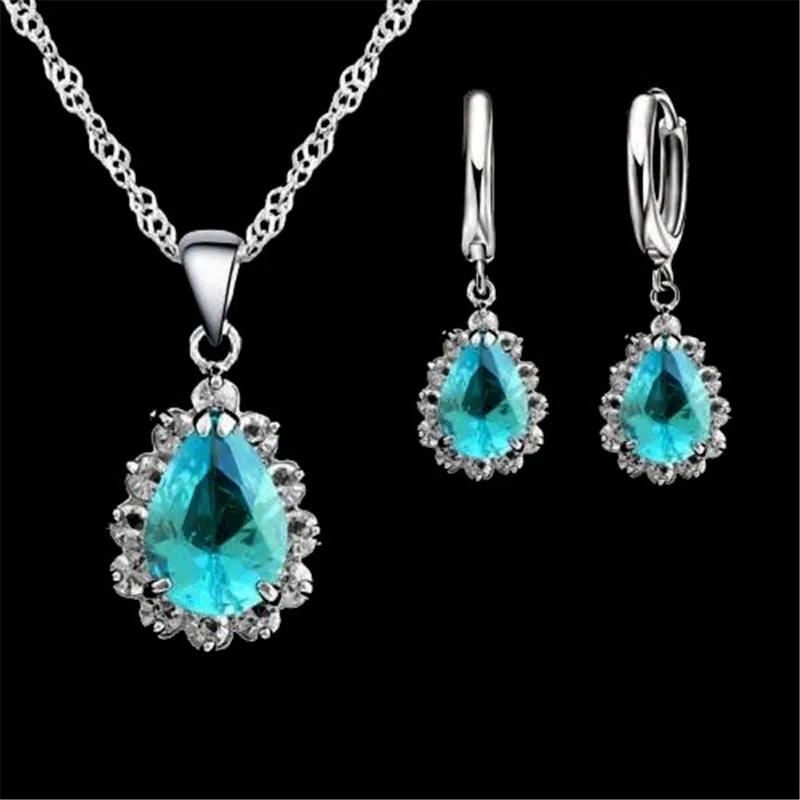 925 Sterling Silver Earrings Necklace Sets Pink/Blue/Gray/Red/Green/Purple Drops Water The Crystal For Women Wedding