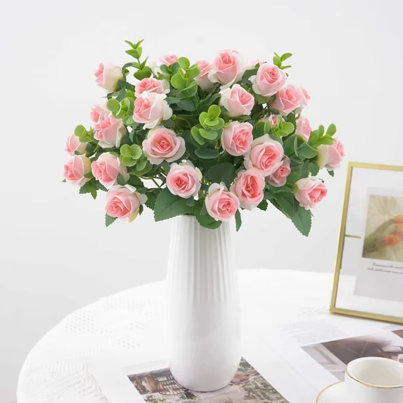 Künstliche Blumen, Vase, Heimdekoration, Garten, Valentinstag, Eukalyptusblätter, künstliche Pflanzen, Hochzeitsgeschenke, Seidenrosen, Brautstrauß