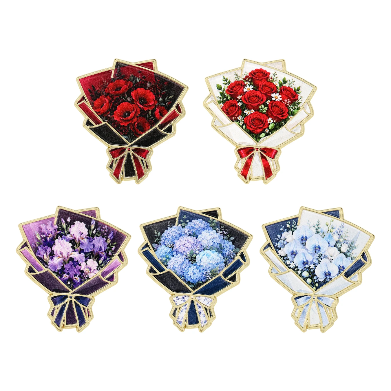 5Pcs Flower Bouquet Enamel Pin, Cute Floral Brooch, Rose Hydrangea Iris Lapel Pin, Metal Badge Wedding Bride Gift