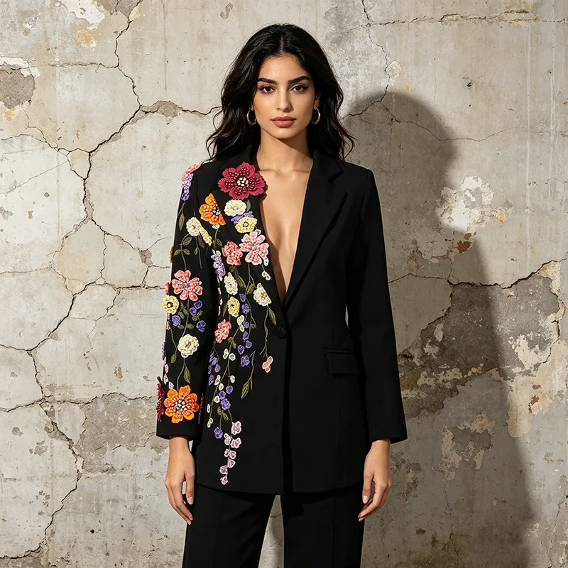 American Style Fashion Commuter Suits Jackets 3D Floral Embroidery Beaded Single Button Slim Fit Elegant Women's Blazers Autumn