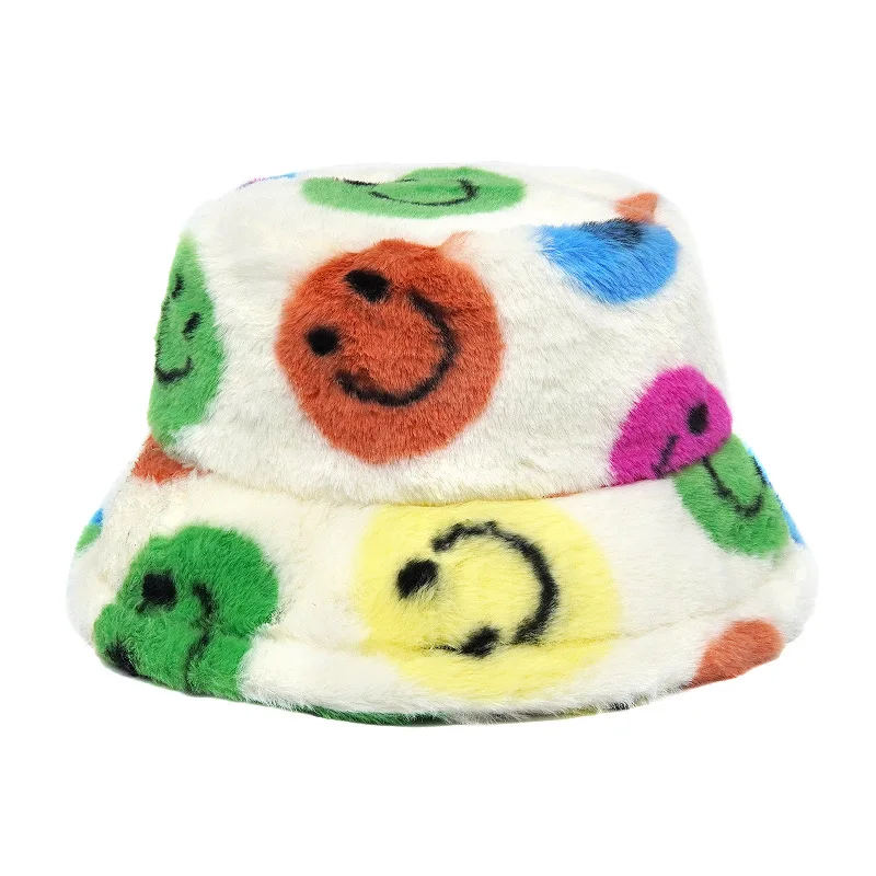 Smiling Face Printed Winter Thickened Fluffy Fur Bucket Hats Men Women Panama Hat Warm Fisherman Cap Autumn Outdoor Rabbit Hair