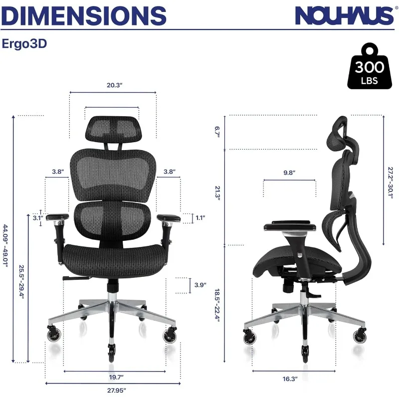 Nouhaus Ergo3D Ergonomic Office Chair Lumbar Support Mesh Office Chair with 4D Adjustable Armrest, Adjustable Headrest