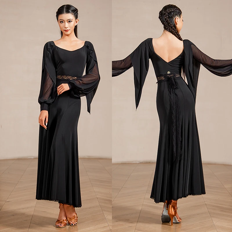 

New High-End National Dance Clothing For Women Black Sexy Backless Performance Dress Adult Ballroom Dance Stage Dress DQS21630