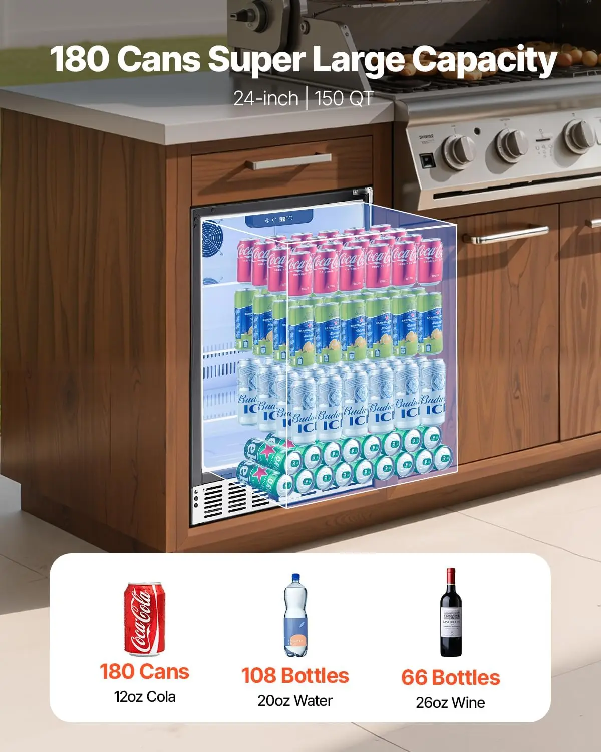 24-Inch Outdoor Beverage Refrigerator, 150 QT Built-in Drink Fridge, 0.56 kWh/Day Energy-Efficient Cooler with 304 Stainless Ste